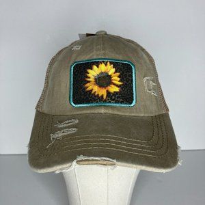 C.C. Pony Caps Women's Ponytail Hat Sunflower Patch Distresssed Style New